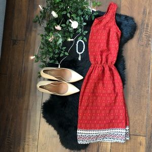 Red geometric print red spring dress with bow